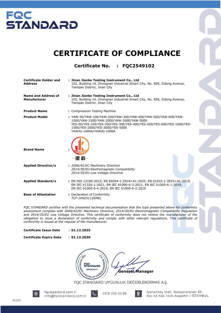 Compression Testing Machine Certificate of Compliance