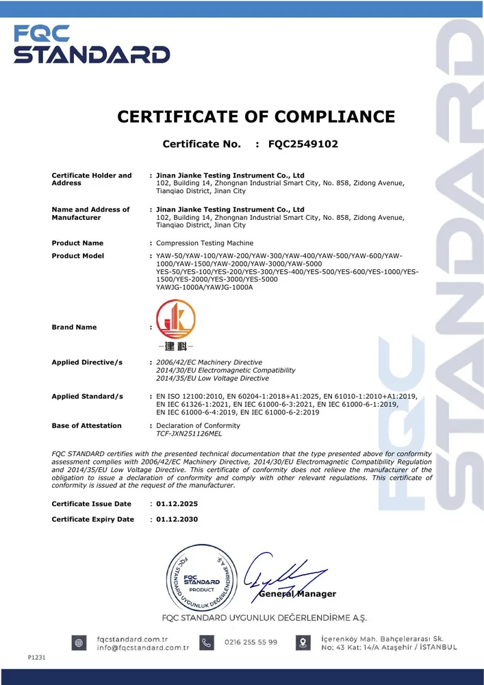 Compression Testing Machine Certificate of Compliance